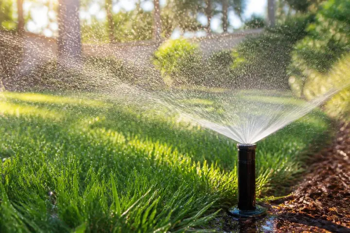 Pop-up sprinkler watering a lawn beside a mulch bed