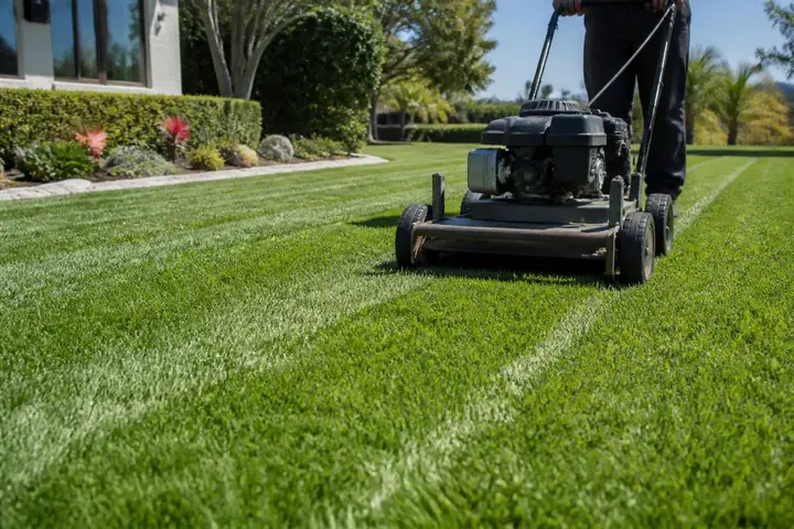 Mower cutting fresh stripes into a green lawn
