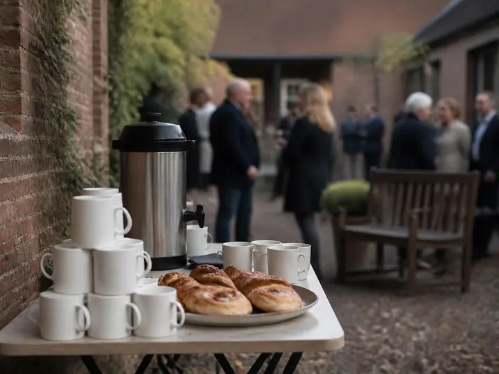 Coffee urn, mugs and pastries set out in the courtyard after the service