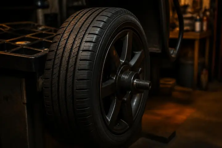 Wheel with a new tire on the balancing machine