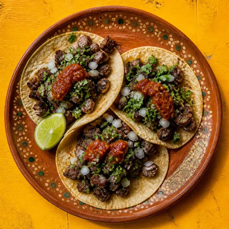 Three carne asada tacos with onion, cilantro, salsa and lime