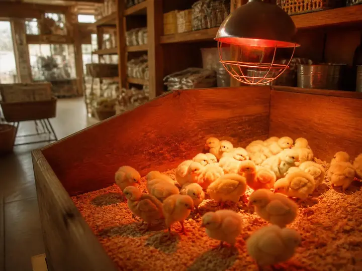 Baby chicks in a wooden brooder under a heat lamp