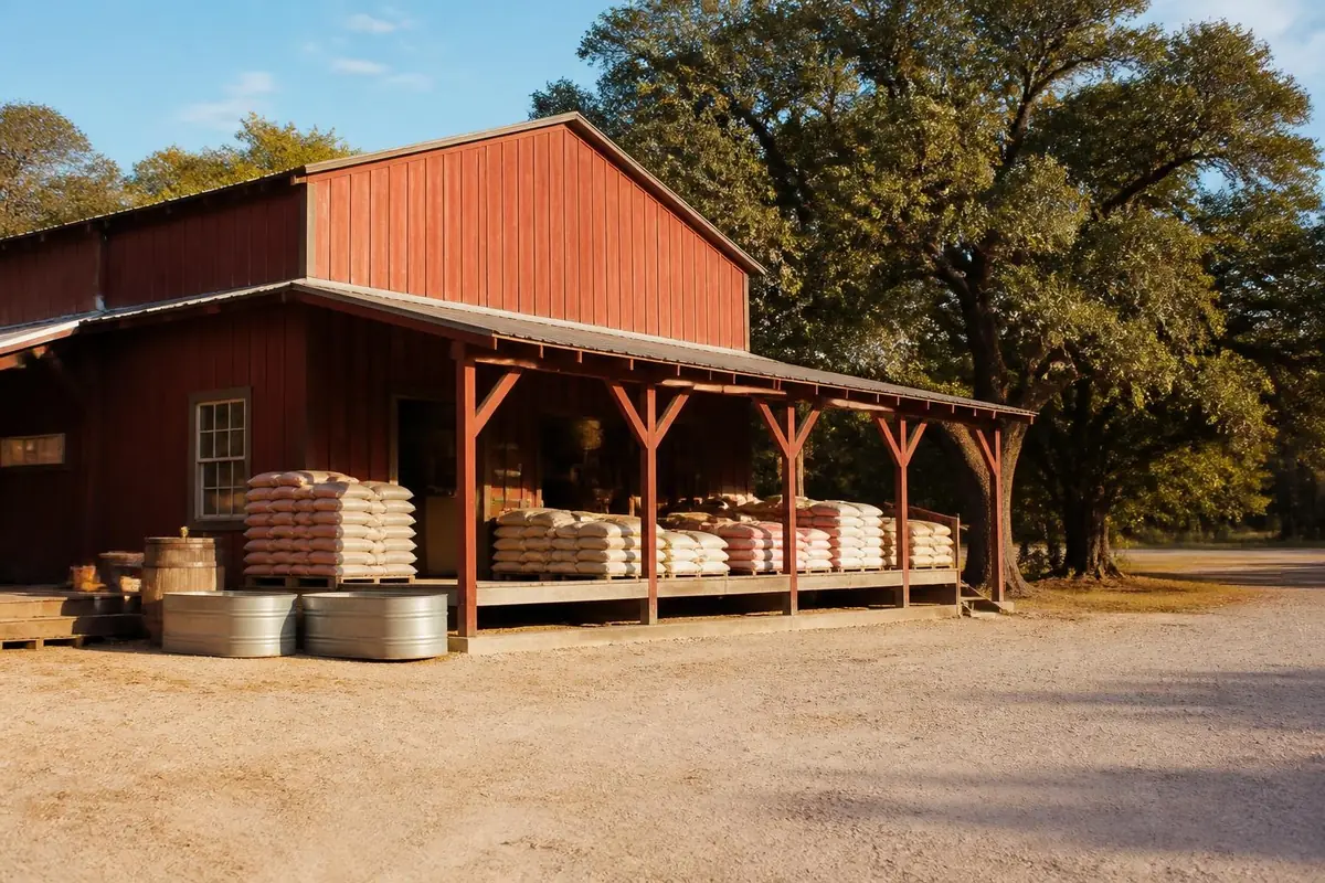 The Two Creeks store: a red barn building with a covered porch and loading dock