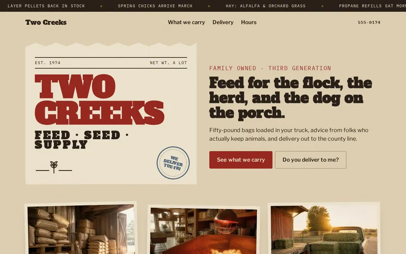 Two Creeks Feed & Supply sample homepage: a feed-sack style logo beside the headline “Feed for the flock, the herd, and the dog on the porch.”
