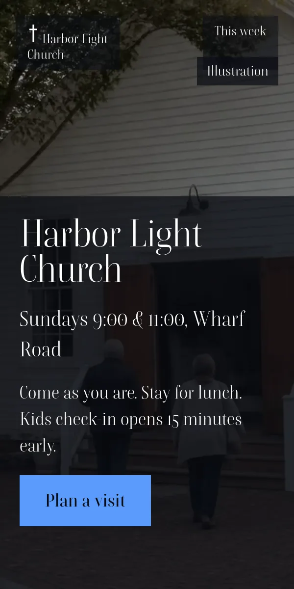 Harbor Light Church sample site on a phone: the name over a white church in daylight, Sundays 9:00 & 11:00 on Wharf Road, and a Plan a visit button.