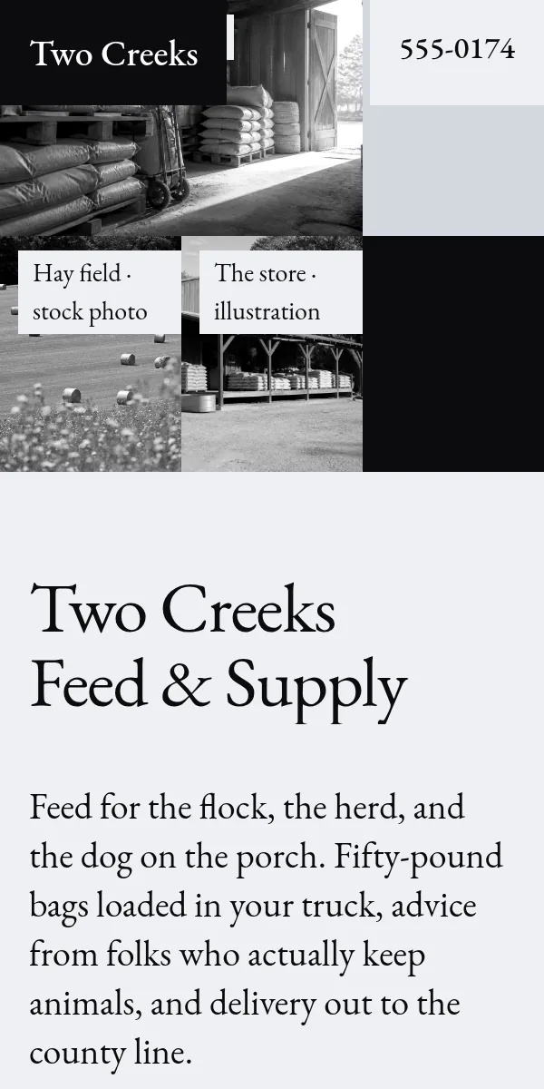 Two Creeks Feed & Supply sample site on a phone: a grid of black-and-white photos of feed sacks, a hay field and the store, above the name in large serif letters.